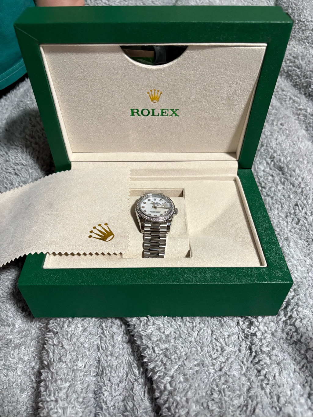 Rolex Silver Watch With White Dial And Diamond Bezel